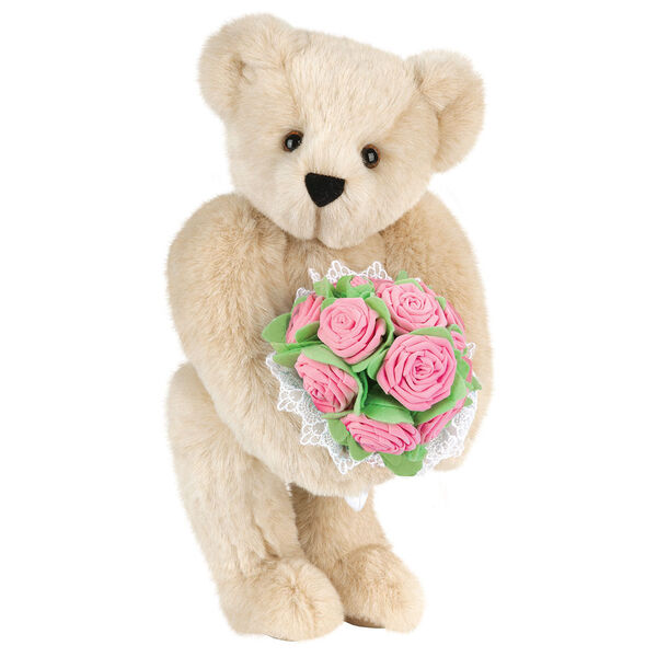 15" Pink Rose Bouquet Teddy Bear - Front view of standing jointed bear holding a large pink bouquet wrapped in white satin and lace - Buttercream brown fur image number 2