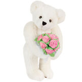 15" Pink Rose Bouquet Teddy Bear - Front view of standing jointed bear holding a large pink bouquet wrapped in white satin and lace - Vanilla white fur image number 3