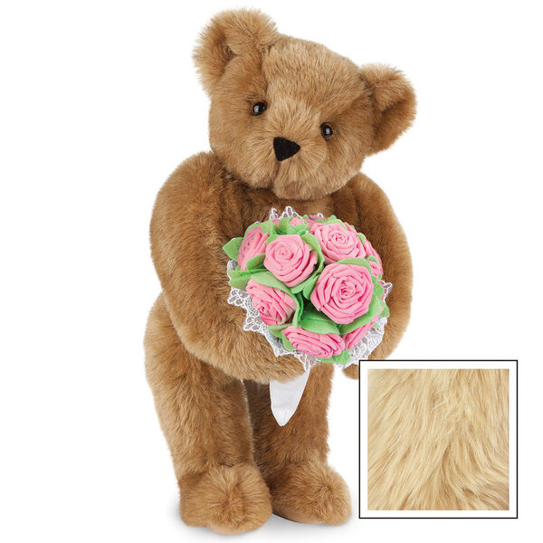 15" Pink Rose Bouquet Teddy Bear - Front view of standing jointed bear holding a large pink bouquet wrapped in white satin and lace - Maple image number 6
