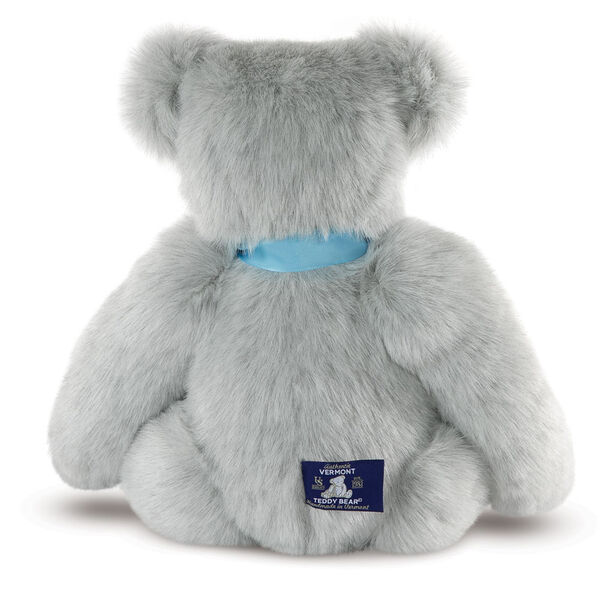 15" Premium Baby Boy Bear - Back view of seated jointed gray bear wearing a blue satin bow. image number 3
