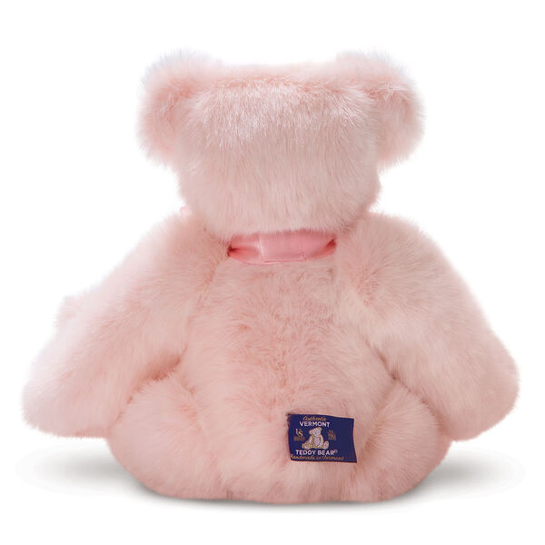 15" Premium Baby Girl Bear - Back view of seated jointed pink bear wearing a pink satin bow. image number 3