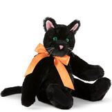 15" Classic Black Cat - Front view of seated jointed cat with pink ears, black foot pads and green glow in the dark eyes dressed in an orange satin bow - Black fur image number 0