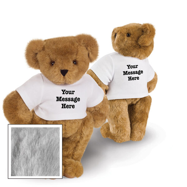 15" Say Anything T-Shirt Bear - Front view of standing jointed bear dressed in white t-shirt with black graphic that says, "Your message here" on the front and the back of the shirt - Gray fur