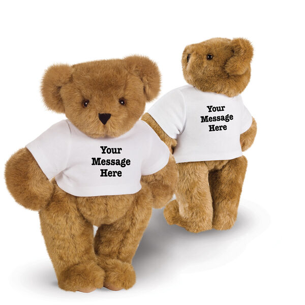 15" Say Anything T-Shirt Bear - Front view of standing jointed bear dressed in white t-shirt with black graphic that says, "Your message here" on the front and the back of the shirt - Honey brown fur image number 0