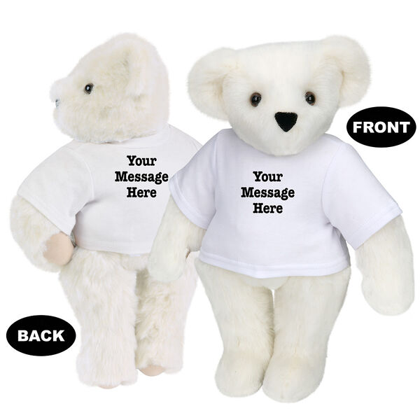 15" Say Anything T-Shirt Bear - Front view of standing jointed bear dressed in white t-shirt with black graphic that says, "Your message here" on the front and the back of the shirt - Vanilla white fur