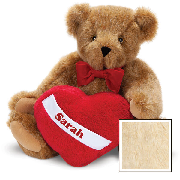 15" Romantic at Heart Bear - Seated jointed bear with red bowtie and plush heart pillow, can be personalized with "Sarah" - buttercream image number 3