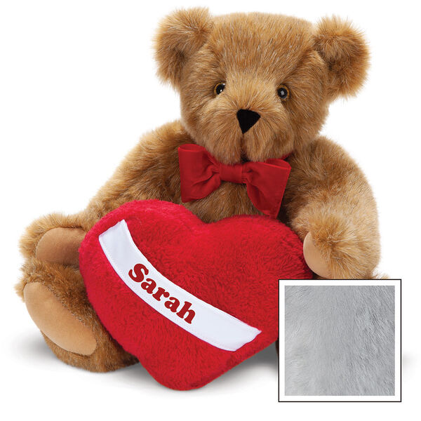 15" Romantic at Heart Bear - Seated jointed bear with red bowtie and plush heart pillow, can be personalized with "Sarah" - Gray image number 6