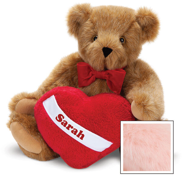 15" Romantic at Heart Bear - Seated jointed bear with red bowtie and plush heart pillow, can be personalized with "Sarah" - Pink image number 7