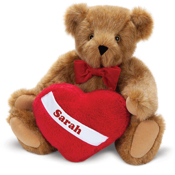 15" Romantic at Heart Bear - Seated jointed bear with red bowtie and plush heart pillow, can be personalized with "Sarah" - honey fur image number 0