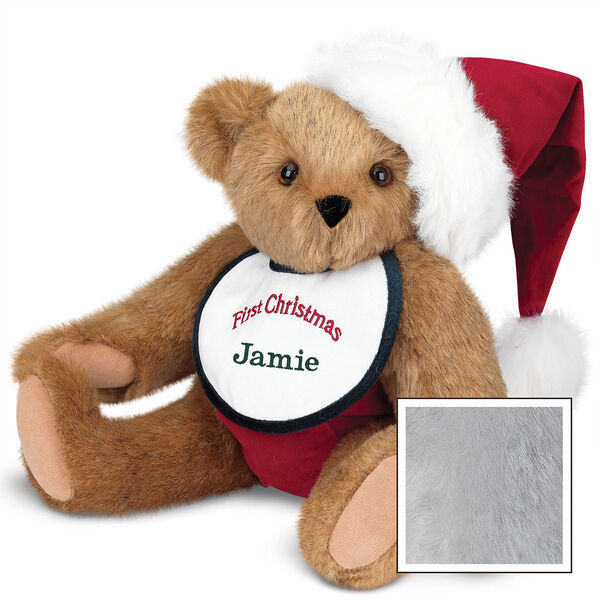 15" Baby's First Christmas Bear - Seated jointed bear dressed in red velvet diaper with santa hat and white and green bib that says ' First Christmas' in red lettering. Bib is personalized with "Jamie" in dark green lettering - Gray image number 6