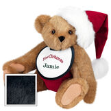 15" Baby's First Christmas Bear - Seated jointed bear dressed in red velvet diaper with santa hat and white and green bib that says ' First Christmas' in red lettering. Bib is personalized with "Jamie" in dark green lettering - Black fur image number 5
