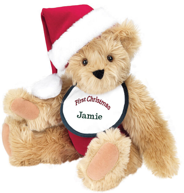 15" Baby's First Christmas Bear - Seated jointed bear dressed in red velvet diaper with santa hat and white and green bib that says ' First Christmas' in red lettering. Bib is personalized with "Jamie" in dark green lettering - Maple brown fur image number 8