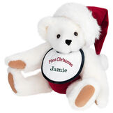15" Baby's First Christmas Bear - Seated jointed bear dressed in red velvet diaper with santa hat and white and green bib that says ' First Christmas' in red lettering. Bib is personalized with "Jamie" in dark green lettering - Vanilla white fur image number 4