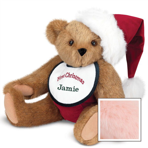 15" Baby's First Christmas Bear - Seated jointed bear dressed in red velvet diaper with santa hat and white and green bib that says ' First Christmas' in red lettering. Bib is personalized with "Jamie" in dark green lettering - Pink image number 7