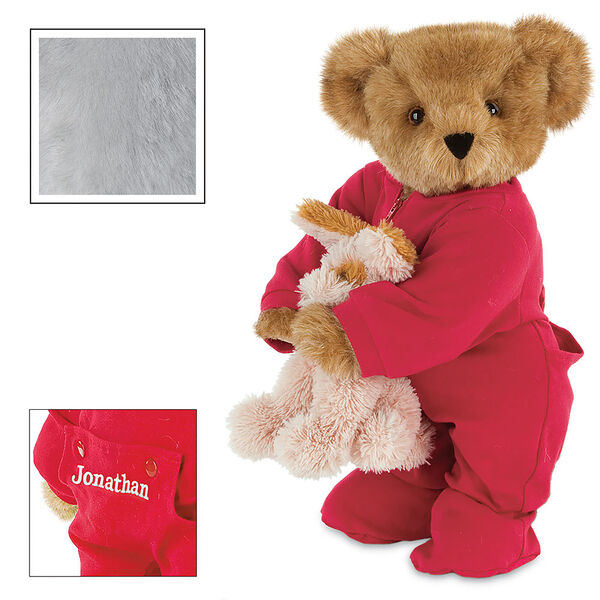 15" Christmas Bedtime Bear with Puppy - Standing jointed bear dressed in white red dropseat onesie with 6" tan puppy. Inset image shows "Jonathan" personalized on rear flap of PJ in white - Gray image number 5