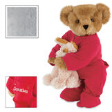 15" Christmas Bedtime Bear with Puppy - Standing jointed bear dressed in white red dropseat onesie with 6" tan puppy. Inset image shows "Jonathan" personalized on rear flap of PJ in white - Gray image number 5