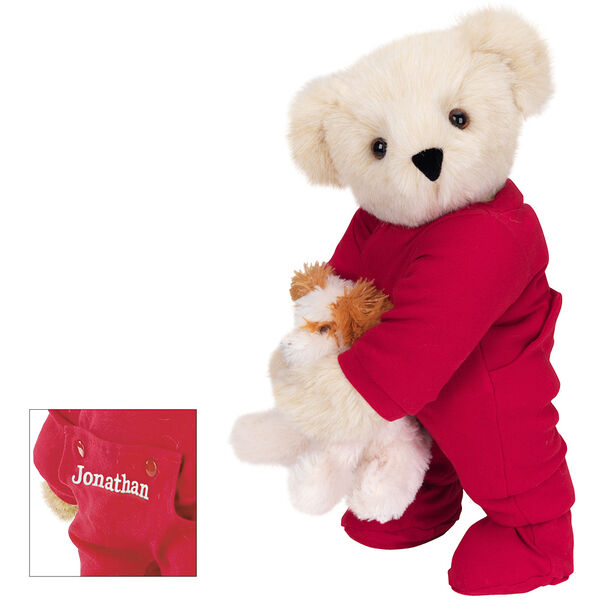 15" Christmas Bedtime Bear with Puppy - Standing jointed bear dressed in white red dropseat onesie with 6" tan puppy. Inset image shows "Jonathan" personalized on rear flap of PJ in white - Buttercream brown fur image number 2