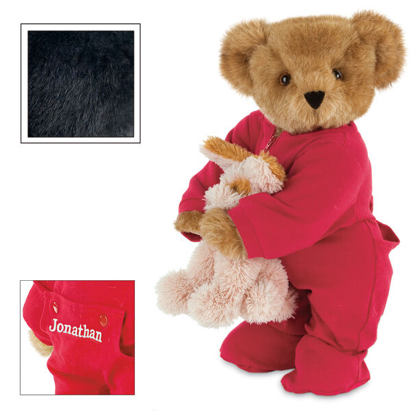 15" Christmas Bedtime Bear with Puppy - Standing jointed bear dressed in white red dropseat onesie with 6" tan puppy. Inset image shows "Jonathan" personalized on rear flap of PJ in white - Black fur image number 4