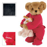 15" Christmas Bedtime Bear with Puppy - Standing jointed bear dressed in white red dropseat onesie with 6" tan puppy. Inset image shows "Jonathan" personalized on rear flap of PJ in white - Black fur image number 4