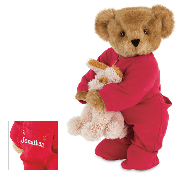 15" Christmas Bedtime Bear with Puppy - Standing jointed bear dressed in white red dropseat onesie with 6" tan puppy. Inset image shows "Jonathan" personalized on rear flap of PJ in white - Honey brown fur image number 1