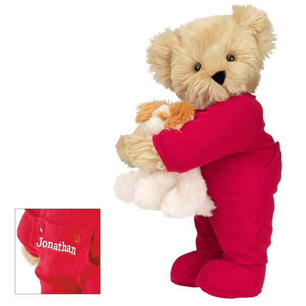 15" Christmas Bedtime Bear with Puppy - Standing jointed bear dressed in white red dropseat onesie with 6" tan puppy. Inset image shows "Jonathan" personalized on rear flap of PJ in white - Maple brown fur image number 7