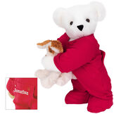 15" Christmas Bedtime Bear with Puppy - Standing jointed bear dressed in white red dropseat onesie with 6" tan puppy. Inset image shows "Jonathan" personalized on rear flap of PJ in white - Vanilla white fur image number 3