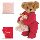 15" Christmas Bedtime Bear with Puppy - Standing jointed bear dressed in white red dropseat onesie with 6" tan puppy. Inset image shows "Jonathan" personalized on rear flap of PJ in white - Pink image number 6