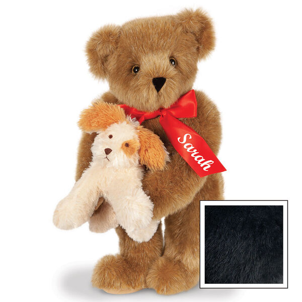 15" Puppy Love Bear - 15" Standing Bear wearing a red satin bow and comes with plush puppy. Bow is personalized with "Sarah" on the left tail - Black image number 5
