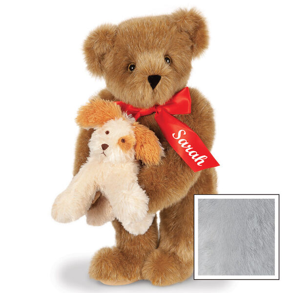 15" Puppy Love Bear - 15" Standing Bear wearing a red satin bow and comes with plush puppy. Bow is personalized with "Sarah" on the left tail - Gray image number 6