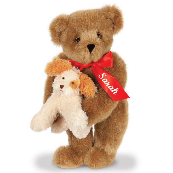 15" Puppy Love Bear - 15" Standing Bear wearing a red satin bow and comes with plush puppy. Bow is personalized with "Sarah" on the left tail - Honey image number 0