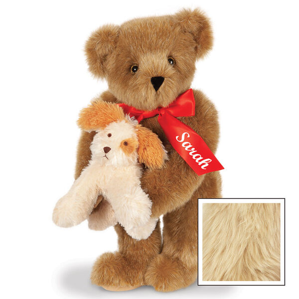15" Puppy Love Bear - 15" Standing Bear wearing a red satin bow and comes with plush puppy. Bow is personalized with "Sarah" on the left tail - Maple image number 8