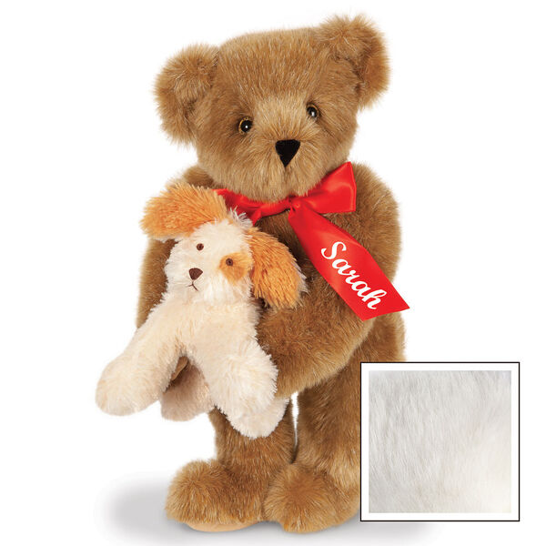 15" Puppy Love Bear - 15" Standing Bear wearing a red satin bow and comes with plush puppy. Bow is personalized with "Sarah" on the left tail - Vanilla image number 4