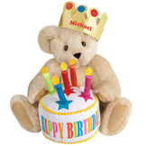 15" Happy Birthday Bear - Front view of seated jointed bear dressed in a gold crown with appliqued jewels holding a birthday cake with candles that says "Happy Birthday". Crown is personalized with "Michael" in red lettering - Buttercream brown fur image number 3