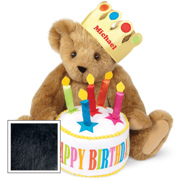 15" Happy Birthday Bear - Front view of seated jointed bear dressed in a gold crown with appliqued jewels holding a birthday cake with candles that says "Happy Birthday". Crown is personalized with "Michael" in red lettering - Black fur