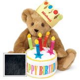 15" Happy Birthday Bear - Front view of seated jointed bear dressed in a gold crown with appliqued jewels holding a birthday cake with candles that says "Happy Birthday". Crown is personalized with "Michael" in red lettering - Black fur image number 5