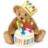 15" Happy Birthday Bear - Front view of seated jointed bear dressed in a gold crown with appliqued jewels holding a birthday cake with candles that says "Happy Birthday". Crown is personalized with "Michael" in red lettering - Honey brown fur image number 0