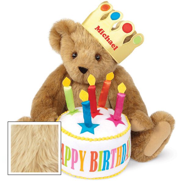 15" Happy Birthday Bear - Front view of seated jointed bear dressed in a gold crown with appliqued jewels holding a birthday cake with candles that says "Happy Birthday". Crown is personalized with "Michael" in red lettering - Maple brown fur