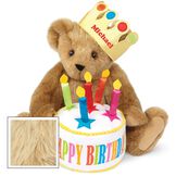 15" Happy Birthday Bear - Front view of seated jointed bear dressed in a gold crown with appliqued jewels holding a birthday cake with candles that says "Happy Birthday". Crown is personalized with "Michael" in red lettering - Maple brown fur image number 6