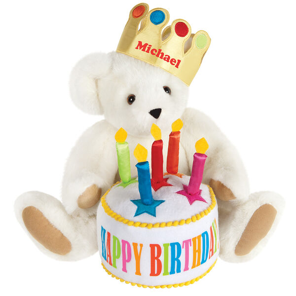 15" Happy Birthday Bear - Front view of seated jointed bear dressed in a gold crown with appliqued jewels holding a birthday cake with candles that says "Happy Birthday". Crown is personalized with "Michael" in red lettering - Vanilla white fur