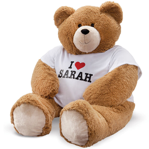 4' Big Hunka Love I HEART You T-Shirt Bear - Seated honey brown bear with white t-shirt personalized with "I Heart Sarah" in red and black graphics image number 1