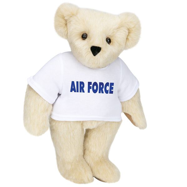 15" Air Force T-Shirt Bear - Standing jointed bear dressed in a white t-shirt says, "AIR FORCE" in royal blue lettering on the front of the shirt - Buttercream brown fur image number 1