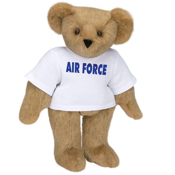 15" Air Force T-Shirt Bear - Standing jointed bear dressed in a white t-shirt says, "AIR FORCE" in royal blue lettering on the front of the shirt - Honey brown fur image number 0