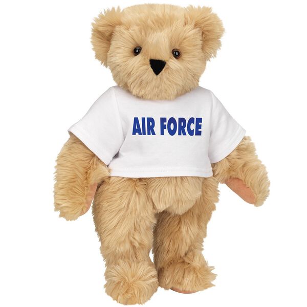 15" Air Force T-Shirt Bear - Standing jointed bear dressed in a white t-shirt says, "AIR FORCE" in royal blue lettering on the front of the shirt - Maple brown fur image number 6