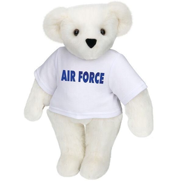 15" Air Force T-Shirt Bear - Standing jointed bear dressed in a white t-shirt says, "AIR FORCE" in royal blue lettering on the front of the shirt - Vanilla white fur image number 2