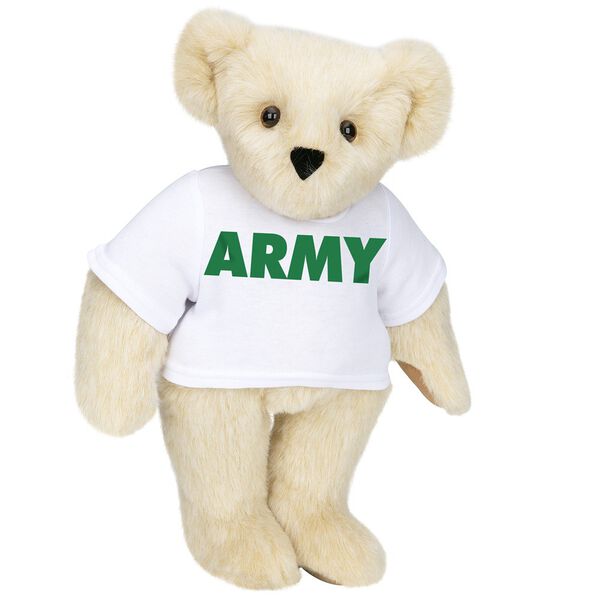 15" Army T-Shirt Bear - Standing jointed bear dressed in a white t-shirt says, "ARMY" in green lettering on the front of the shirt - Buttercream brown fur image number 1