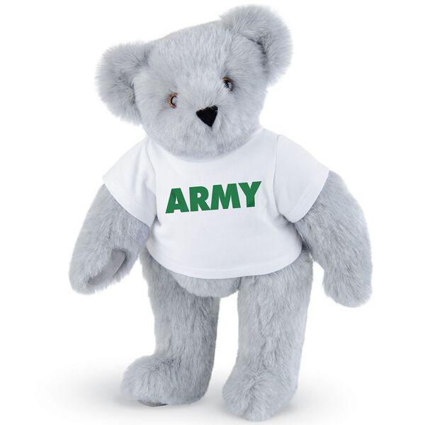 15" Army T-Shirt Bear - Standing jointed bear dressed in a white t-shirt says, "ARMY" in green lettering on the front of the shirt - Gray fur image number 4
