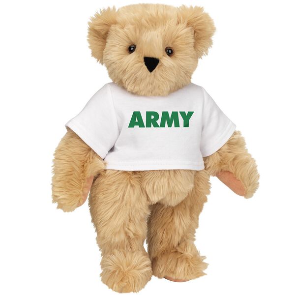 15" Army T-Shirt Bear - Standing jointed bear dressed in a white t-shirt says, "ARMY" in green lettering on the front of the shirt - Maple brown fur image number 6