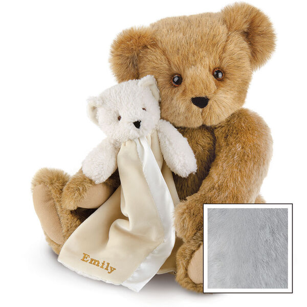 15" Cuddle Buddies Gift Set - Front view of seated jointed bear with ivory bear blanket with stroller strap personalized with "Emily" in gold lettering on corner of blanket - Gray fur