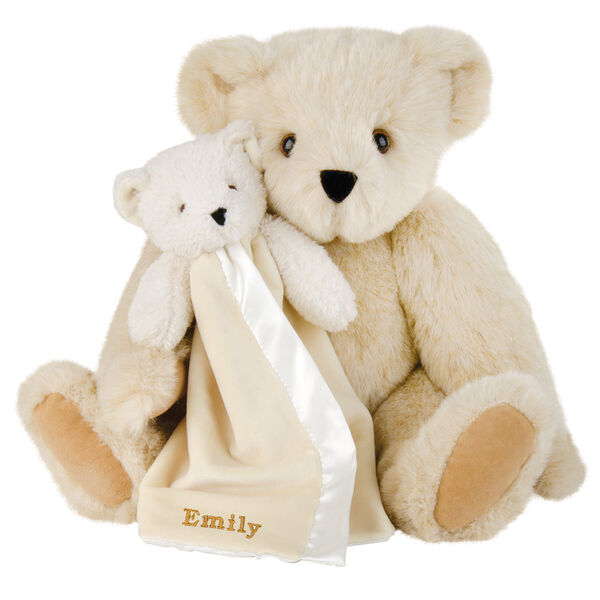 15" Cuddle Buddies Gift Set - Front view of seated jointed bear with ivory bear blanket with stroller strap personalized with "Emily" in gold lettering on corner of blanket - Buttercream brown fur image number 1