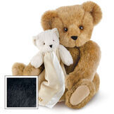 15" Cuddle Buddies Gift Set - Front view of seated jointed bear with ivory bear blanket with stroller strap personalized with "Emily" in gold lettering on corner of blanket image number 3